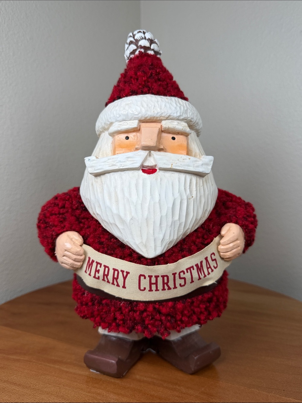 Hallmark Santa Claus Figurine Merry Christmas Banner Soft Red Plush Outfit Vtg